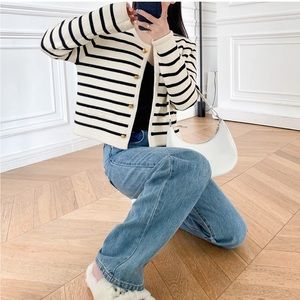 Cream striped cardigan jacket with black gold buttons - size small